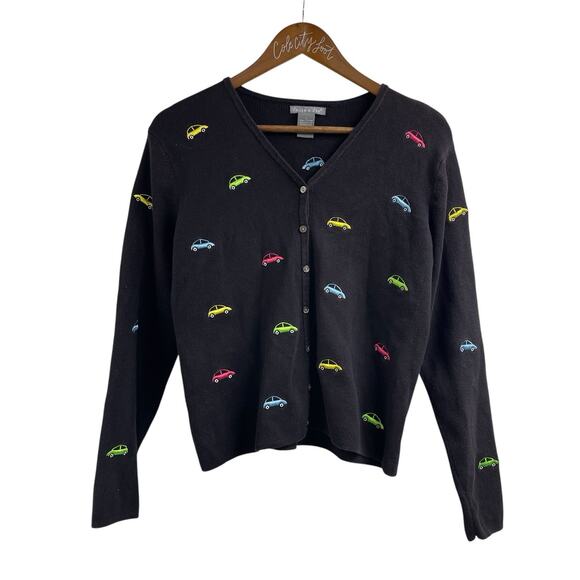 Eagles Eye Cardigan Sweater Cars Button Large 100% Cotton Novelty Kitschy Cute - Picture 1 of 7